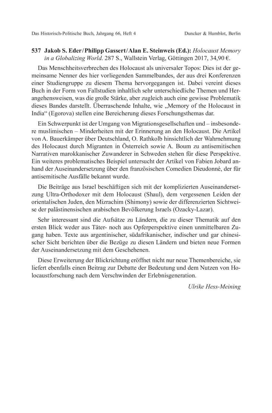 Jakob S. Eder / Philipp Gassert / Alan E. Steinweis (Ed.): Holocaust Memory in a Globalizing World