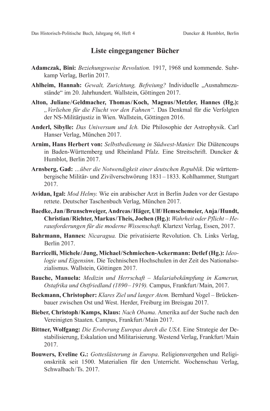 Liste eingegangener Bücher