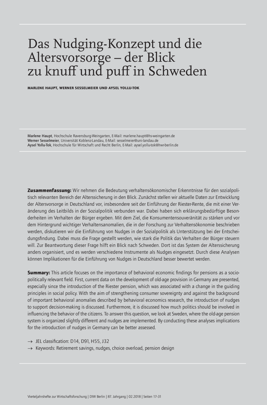 Das Nudging-Konzept und die Altersvorsorge – der Blick zu knuff und puff in Schweden