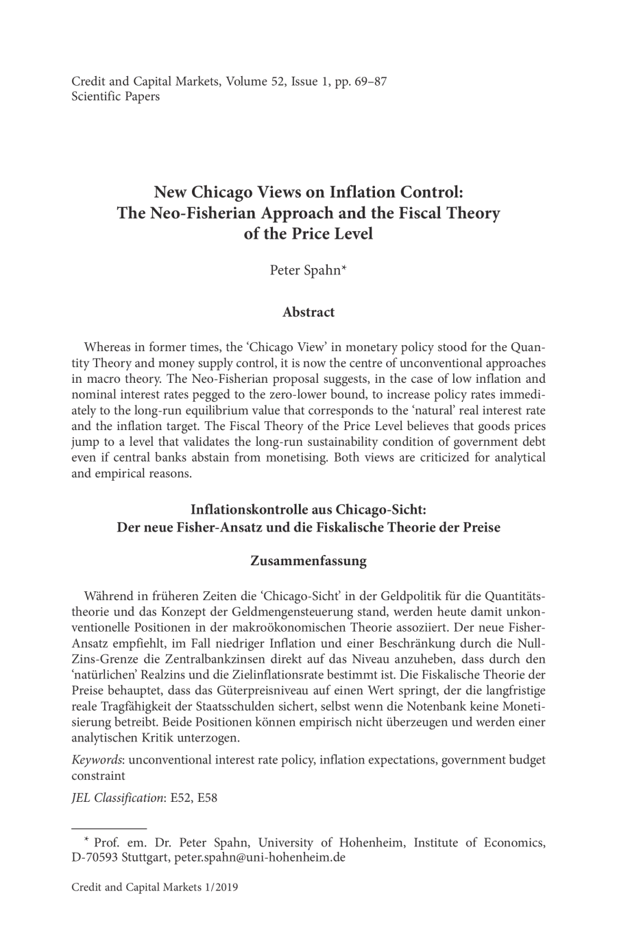 New Chicago Views on Inflation Control: The Neo-Fisherian Approach and the Fiscal Theory of the Price Level