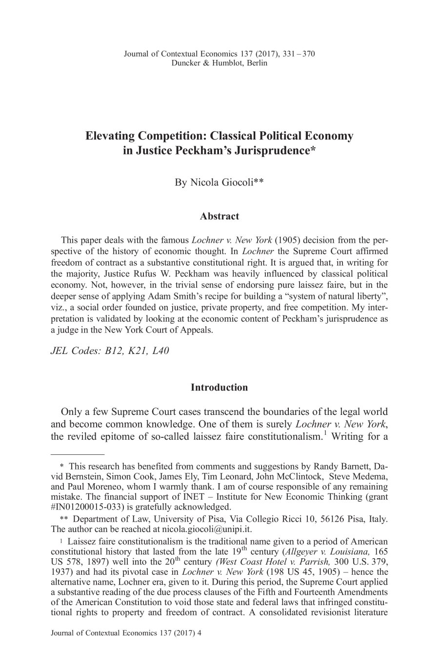 Elevating Competition: Classical Political Economy in Justice Peckham's Jurisprudence