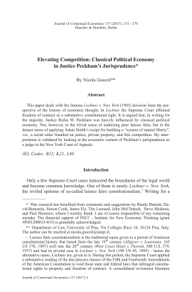 Elevating Competition: Classical Political Economy in Justice Peckham's Jurisprudence