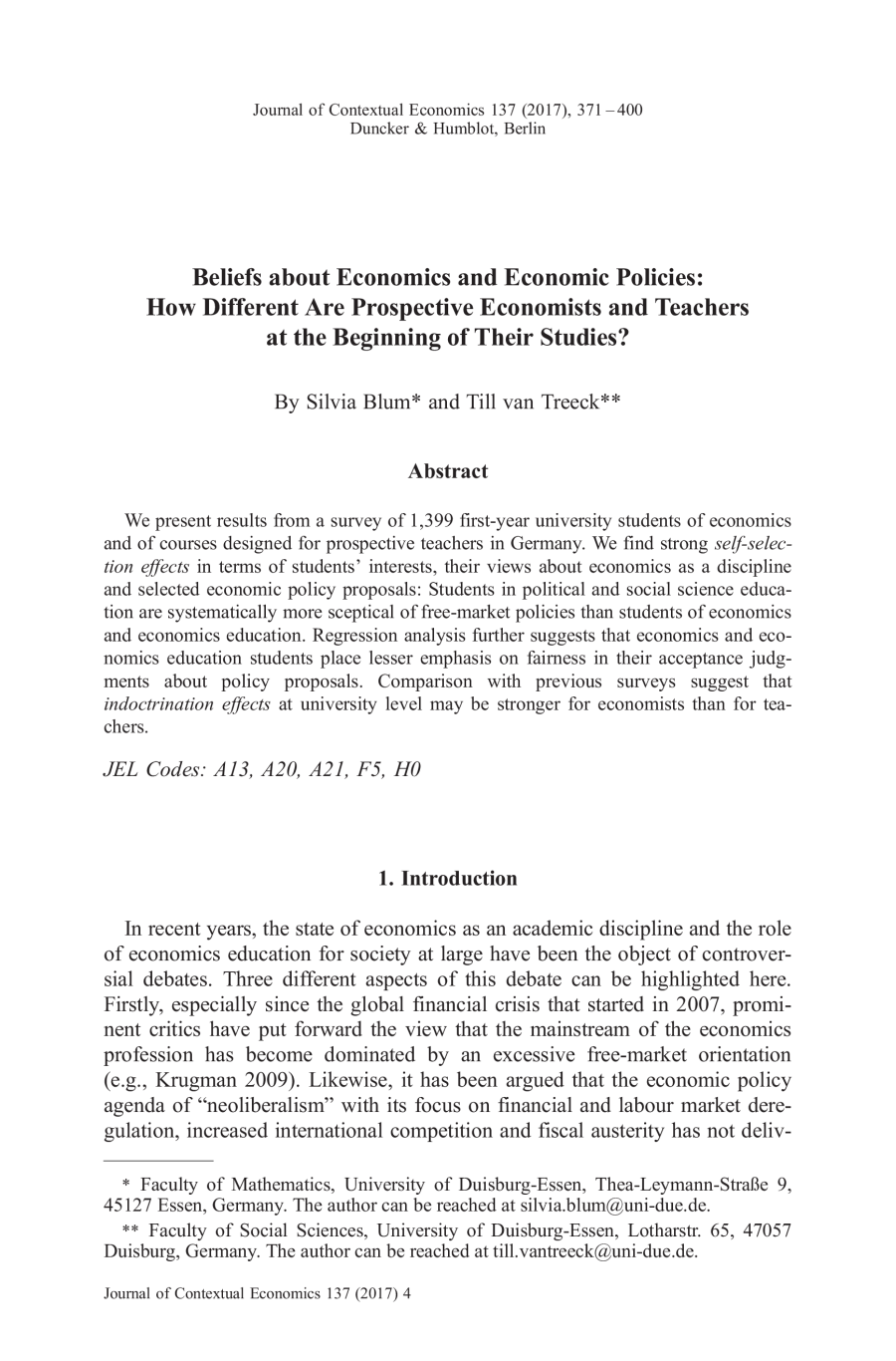 Beliefs about Economics and Economic Policies: How Different Are Prospective Economists and Teachers at the Beginning of Their Studies?