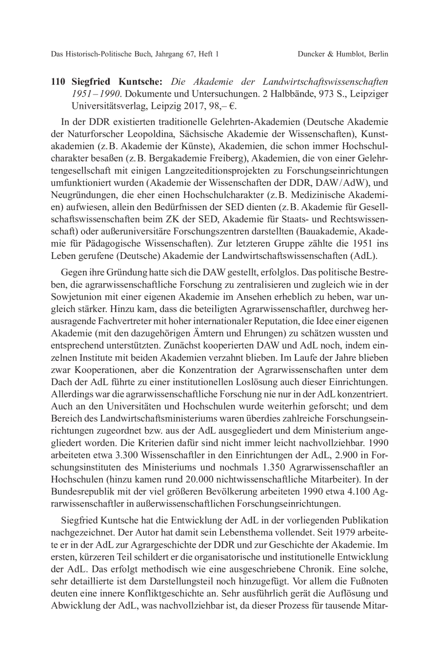 Siegfried Kuntsche: Die Akademie der Landwirtschaftswissenschaften 1951 – 1990. Dokumente und Untersuchungen