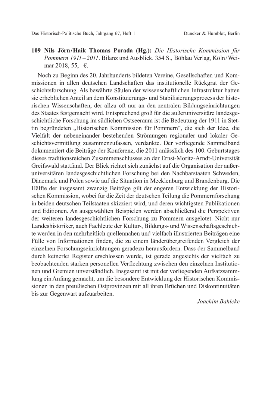 Nils Jörn / Haik Thomas Porada (Hg.): Die Historische Kommission für Pommern 1911–2011. Bilanz und Ausblick