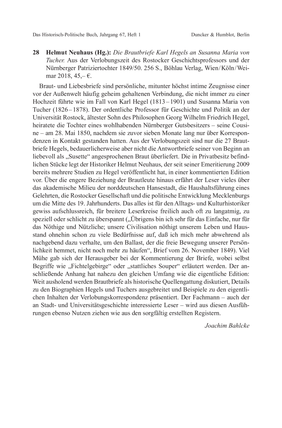 Helmut Neuhaus (Hg.): Die Brautbriefe Karl Hegels an Susanna Maria von Tucher. Aus der Verlobungszeit des Rostocker Geschichtsprofessors und der Nürnberger Patriziertochter 1849/50