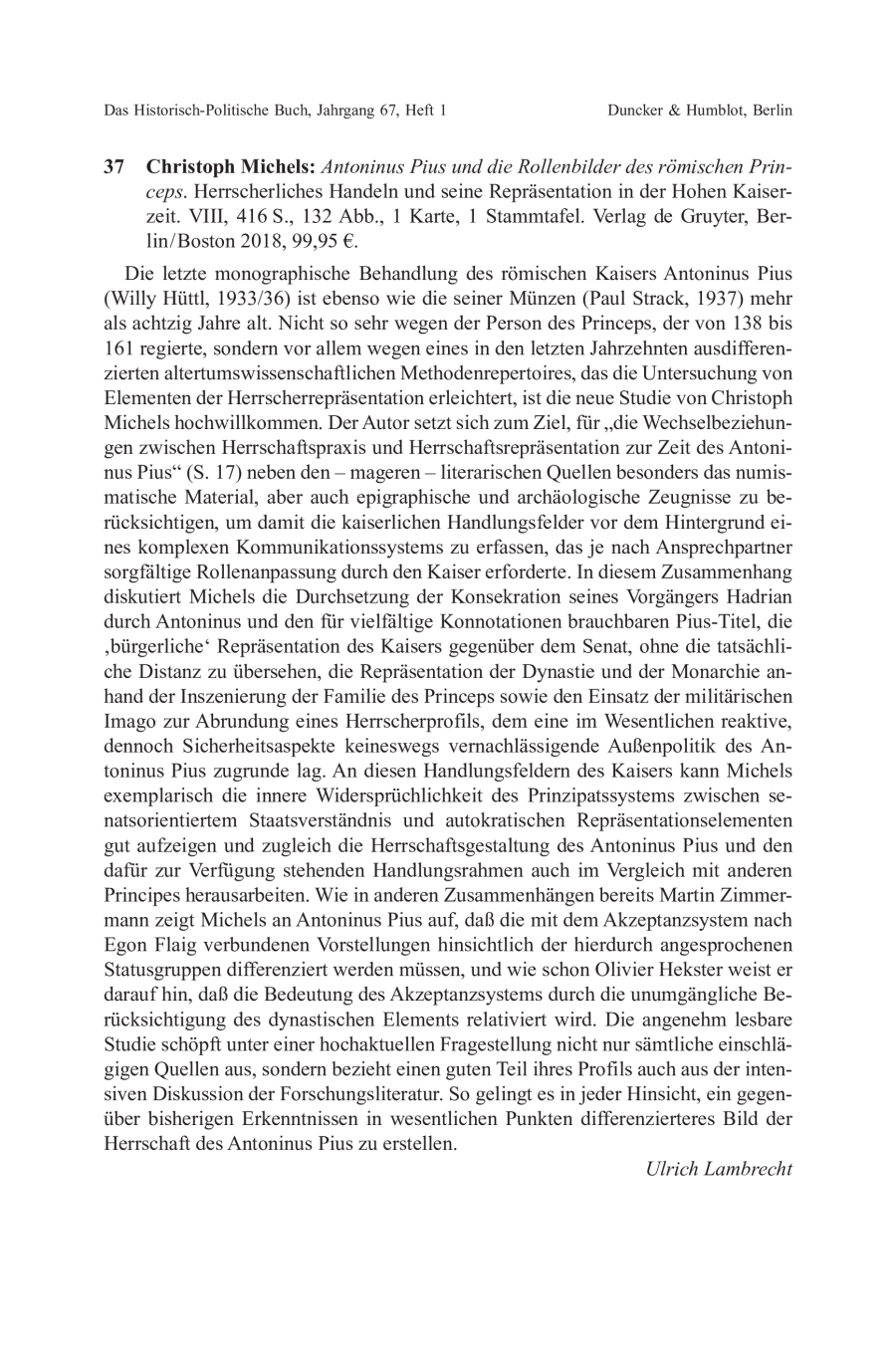 Christoph Michels: Antoninus Pius und die Rollenbilder des römischen Princeps. Herrscherliches Handeln und seine Repräsentation in der Hohen Kaiserzeit