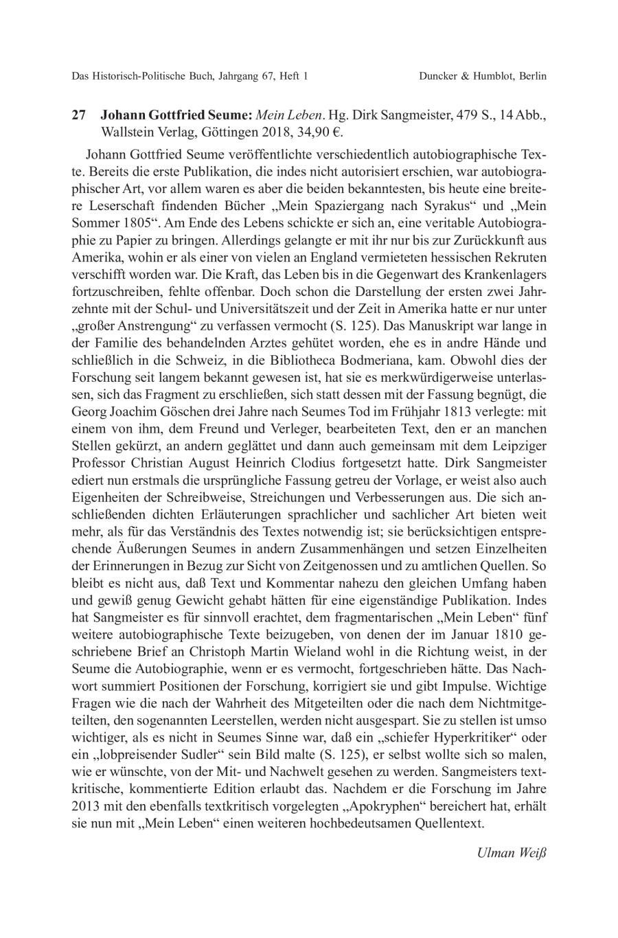 Johann Gottfried Seume: Mein Leben