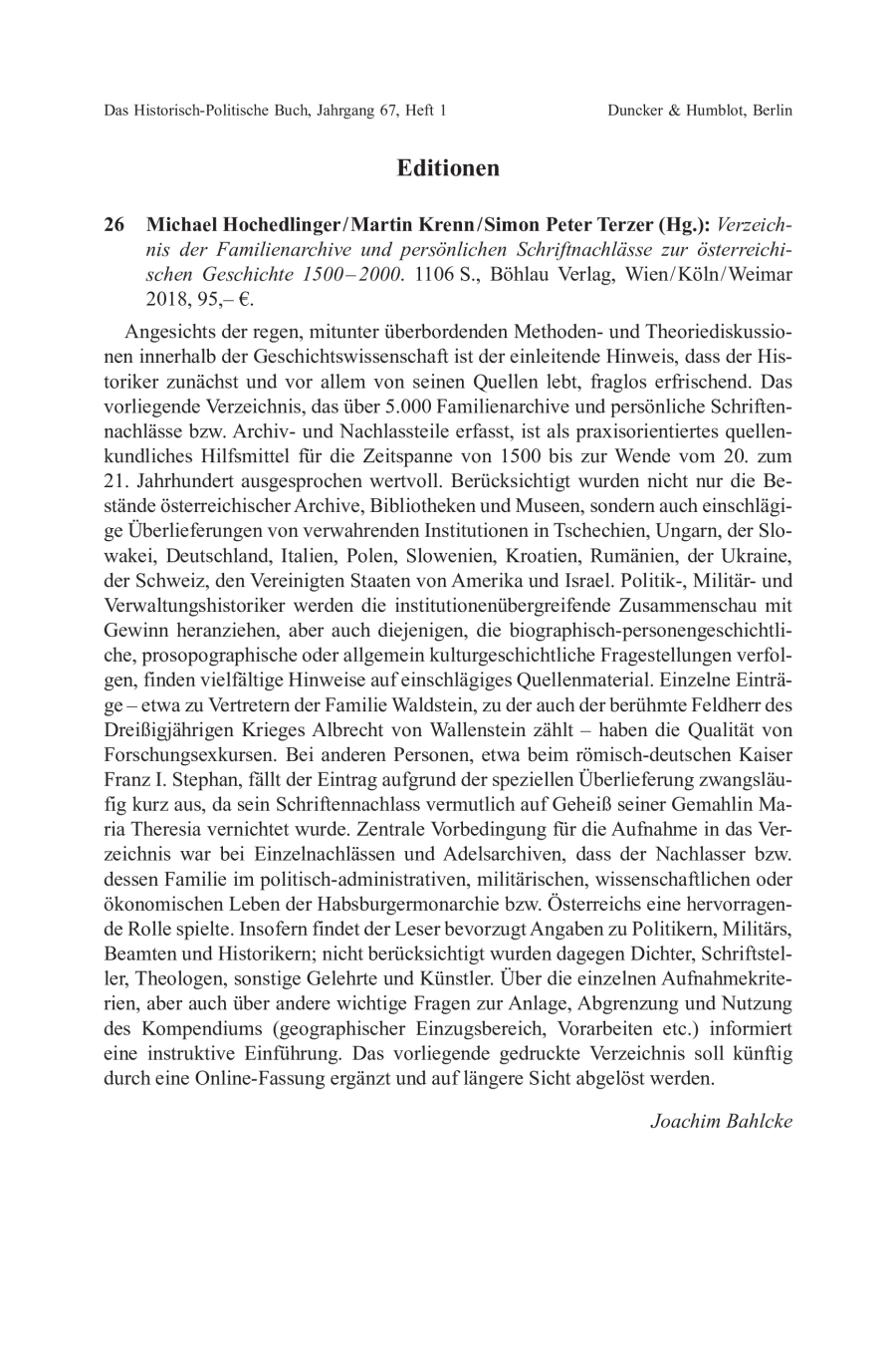 Michael Hochedlinger / Martin Krenn / Simon Peter Terzer (Hg.): Verzeichnis der Familienarchive und persönlichen Schriftnachlässe zur österreichischen Geschichte 1500–2000