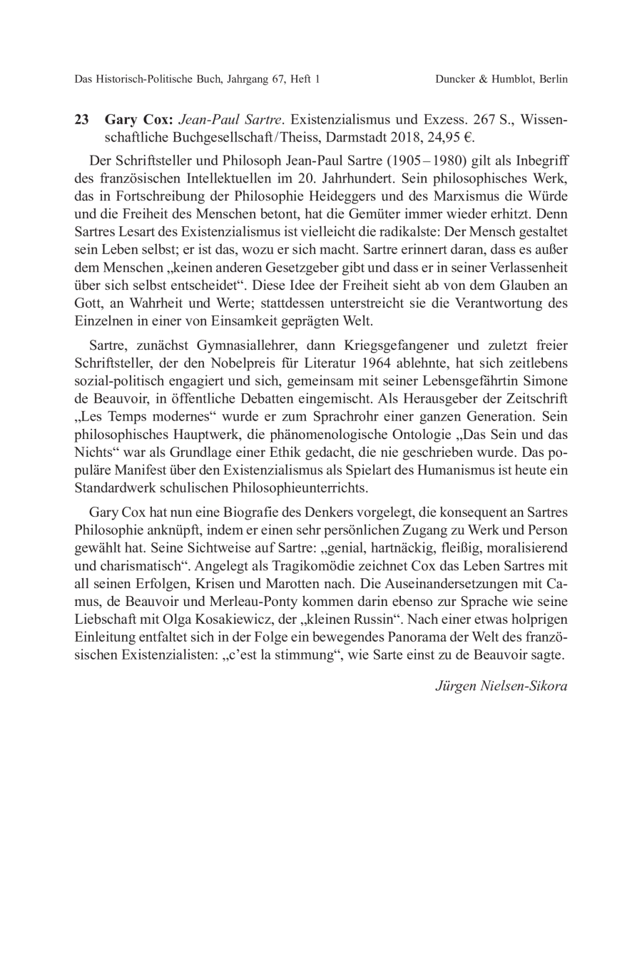 Gary Cox: Jean-Paul Sartre. Existenzialismus und Exzess