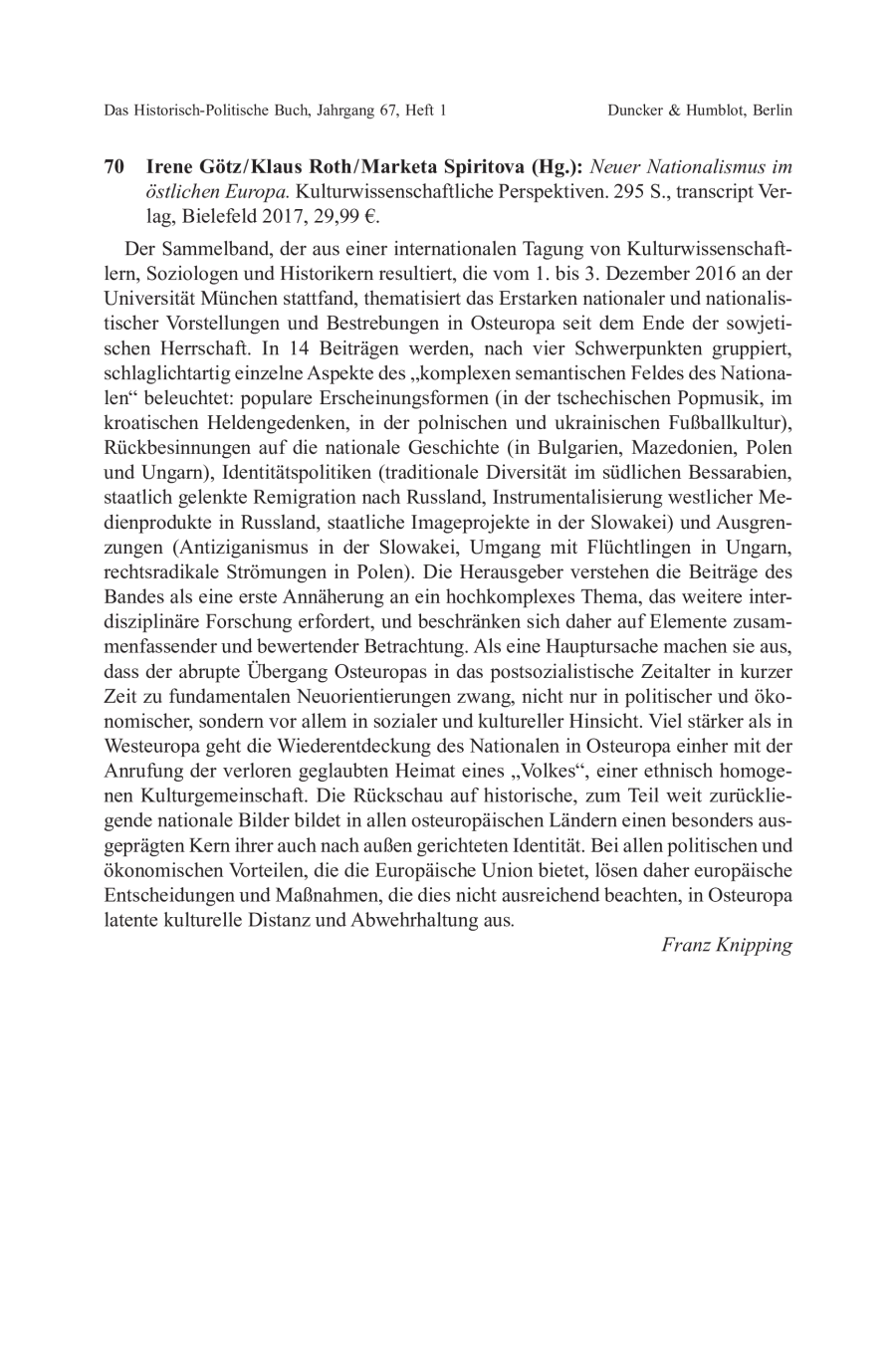 Irene Götz / Klaus Roth / Marketa Spiritova (Hg.): Neuer Nationalismus im östlichen Europa. Kulturwissenschaftliche Perspektiven