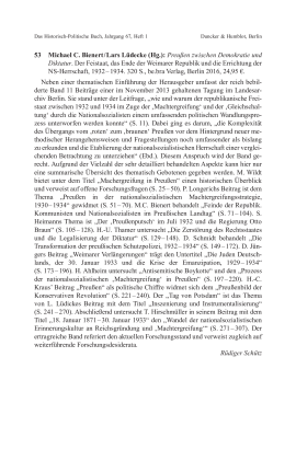 Michael C. Bienert / Lars Lüdecke (Hg.): Preußen zwischen Demokratie und Diktatur. Der Feistaat, das Ende der Weimarer Republik und die Errichtung der NS-Herrschaft, 1932–1934