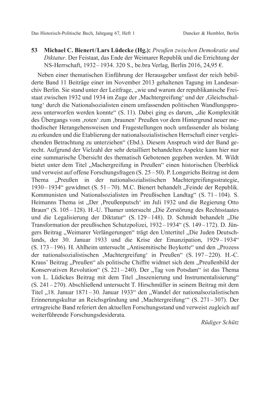 Michael C. Bienert / Lars Lüdecke (Hg.): Preußen zwischen Demokratie und Diktatur. Der Feistaat, das Ende der Weimarer Republik und die Errichtung der NS-Herrschaft, 1932–1934