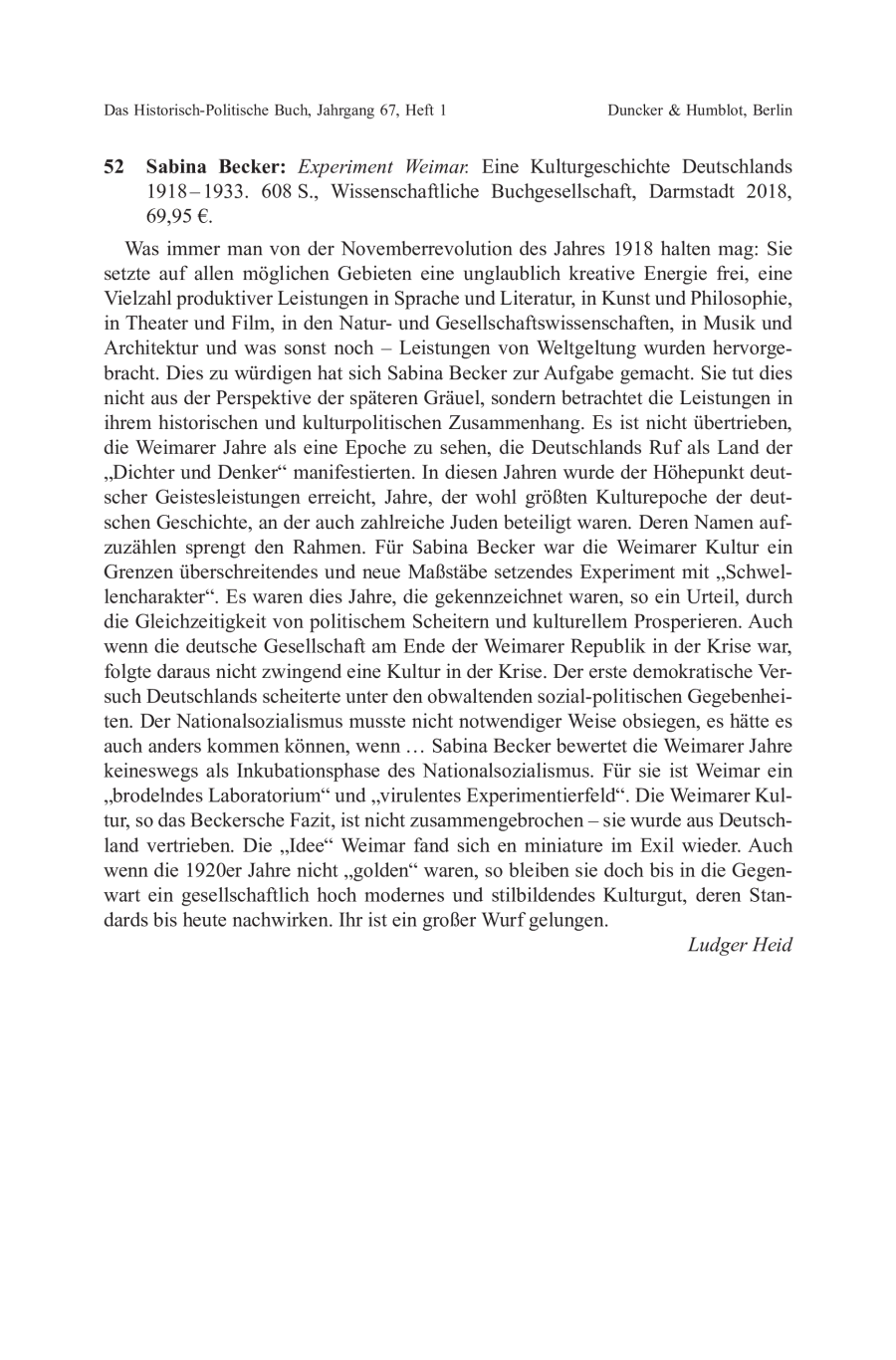 Sabina Becker: Experiment Weimar. Eine Kulturgeschichte Deutschlands 1918–1933
