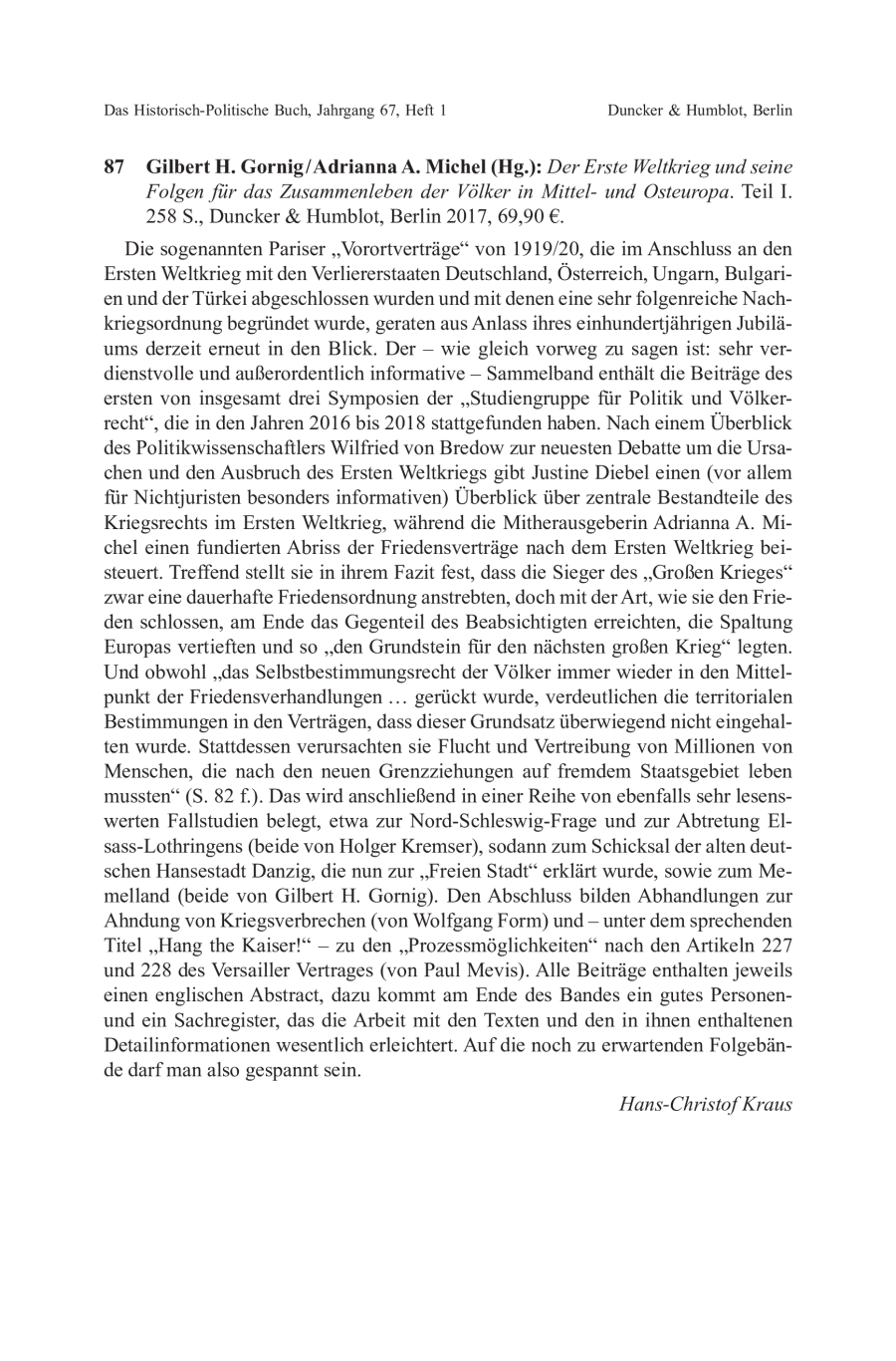 Gilbert H. Gornig / Adrianna A. Michel (Hg.): Der Erste Weltkrieg und seine Folgen für das Zusammenleben der Völker in Mittel- und Osteuropa. Teil I