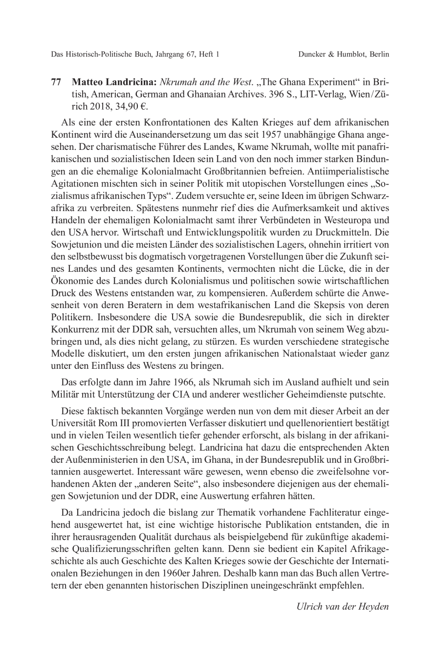 Matteo Landricina: Nkrumah and the West. „The Ghana Experiment“ in British, American, German and Ghanaian Archives