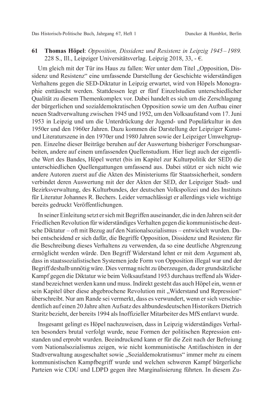 Thomas Höpel: Opposition, Dissidenz und Resistenz in Leipzig 1945–1989