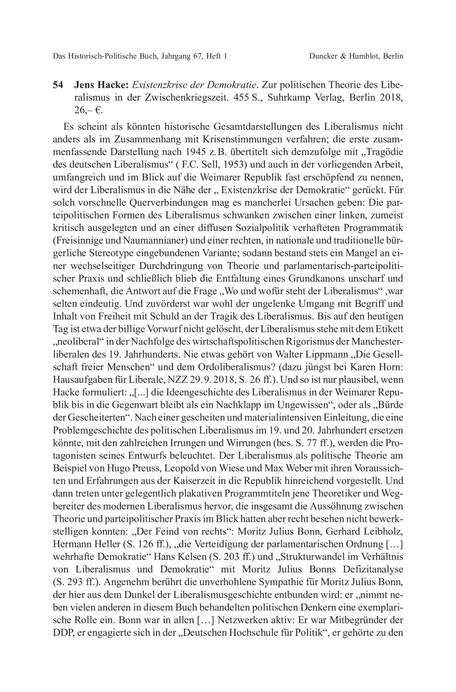 Jens Hacke: Existenzkrise der Demokratie. Zur politischen Theorie des Liberalismus in der Zwischenkriegszeit