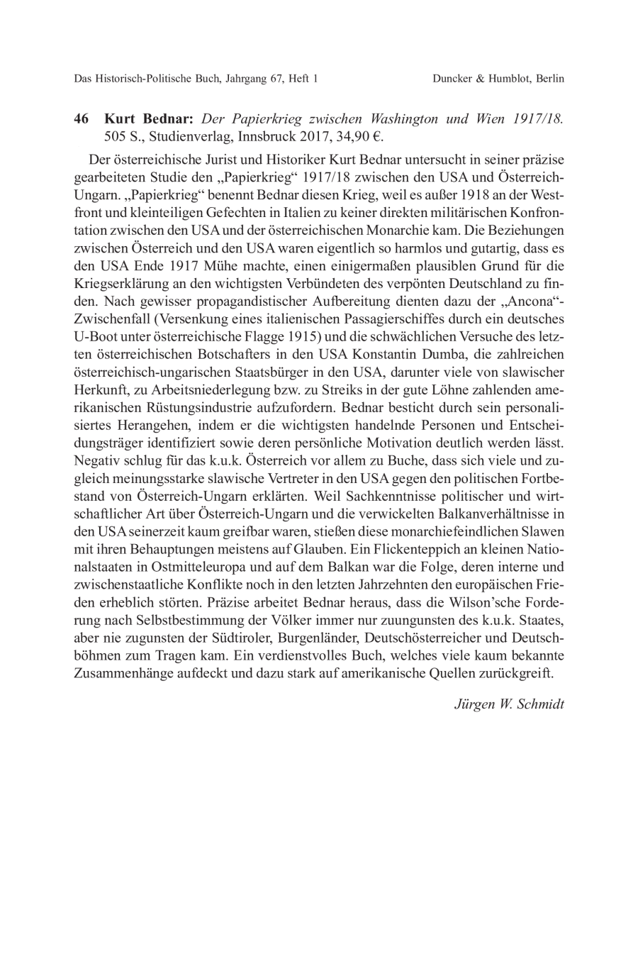 Kurt Bednar: Der Papierkrieg zwischen Washington und Wien 1917/18