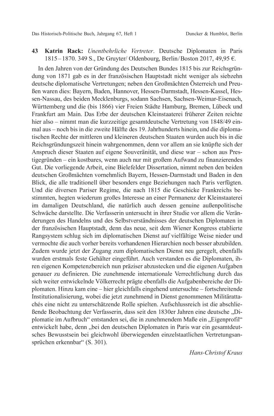 Katrin Rack: Unentbehrliche Vertreter. Deutsche Diplomaten in Paris 1815 – 1870