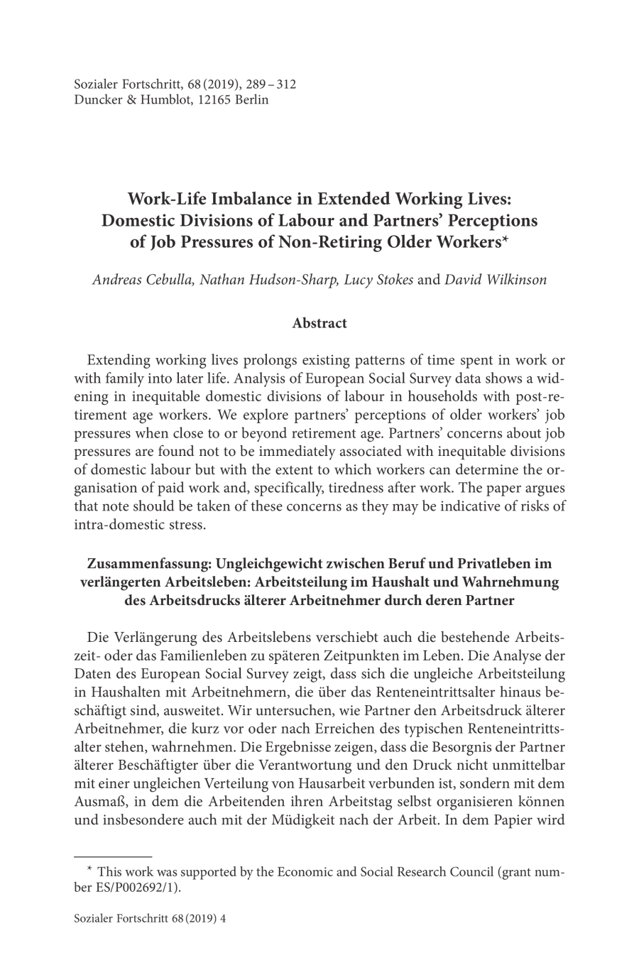 Work-Life Imbalance in Extended Working Lives: Domestic Divisions of Labour and Partners’ Perceptions of Job Pressures of Non-Retiring Older Workers