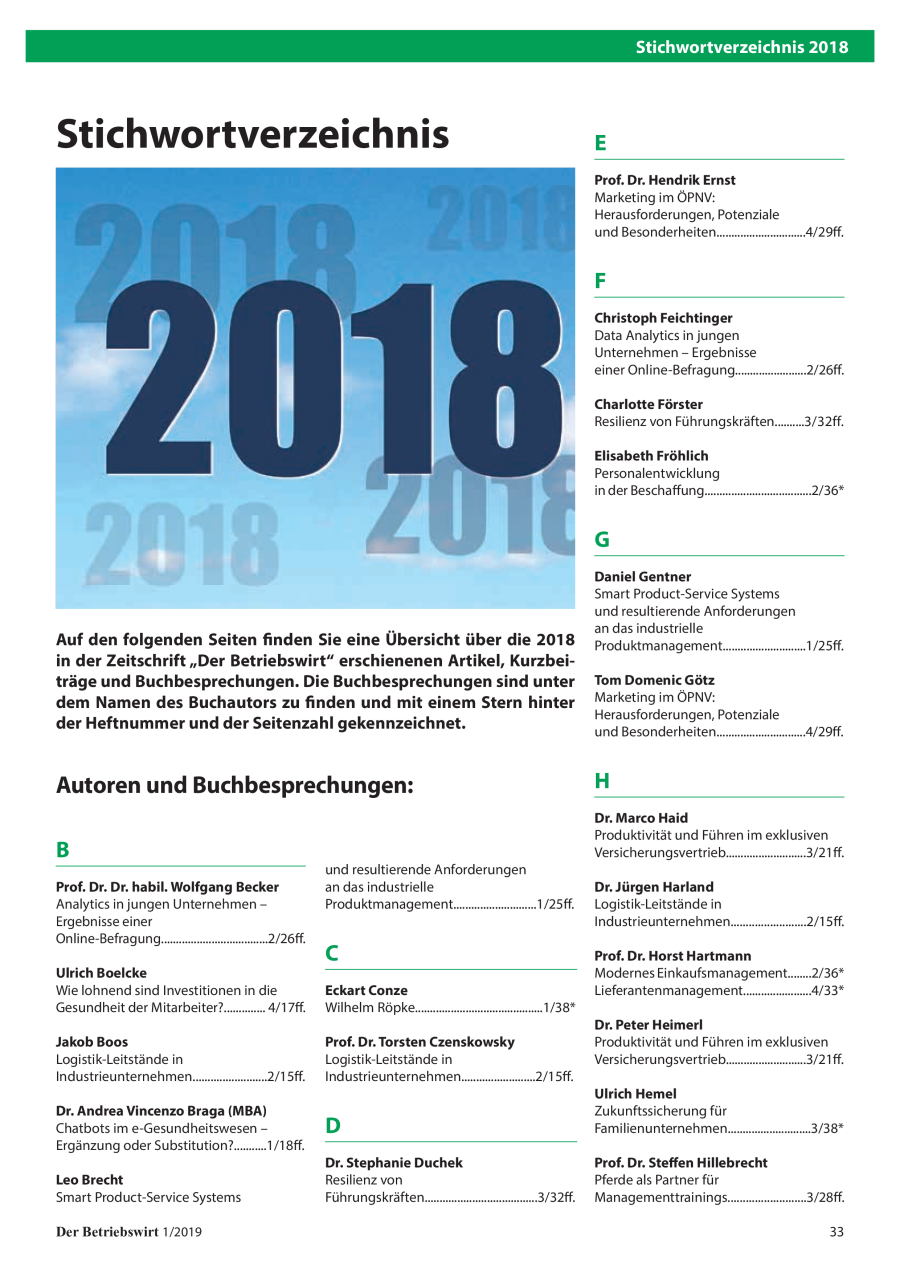 Stichwortverzeichnis "Der Betriebswirt" 2018