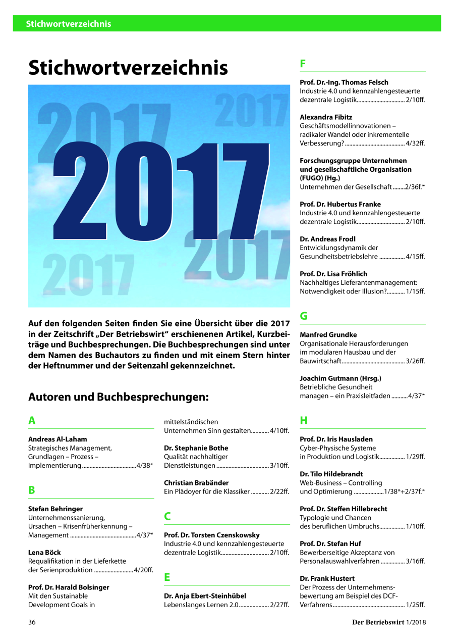 Stichwortverzeichnis "Der Betriebswirt" 2017