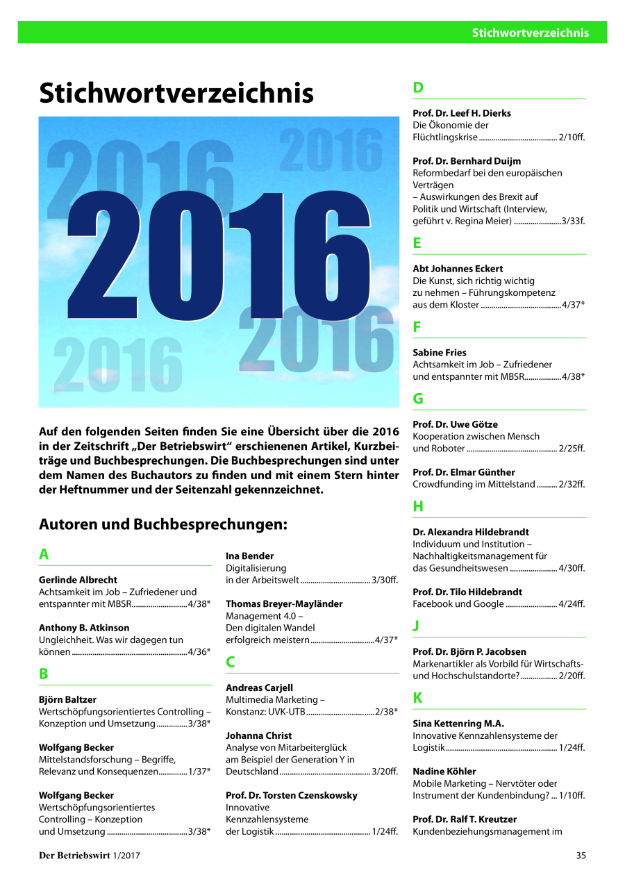 Stichwortverzeichnis "Der Betriebswirt" 2016