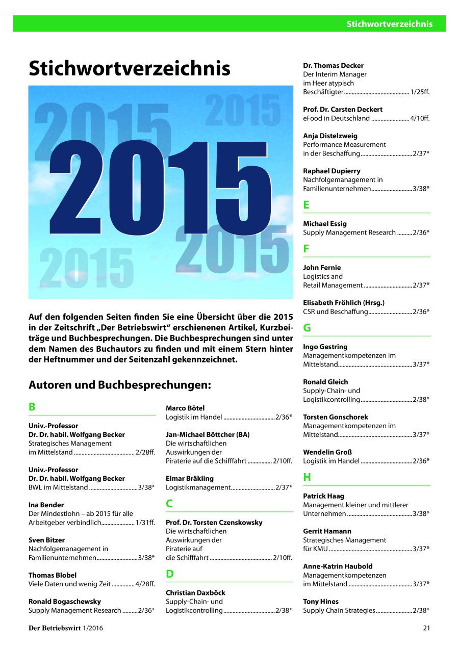 Stichwortverzeichnis 2015 "Der Betriebswirt"