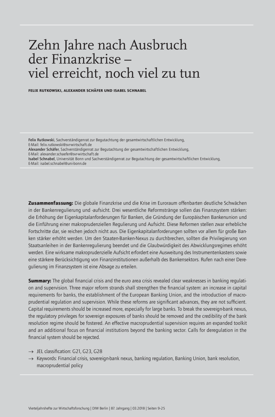 Zehn Jahre nach Ausbruch der Finanzkrise – viel erreicht, noch viel zu tun