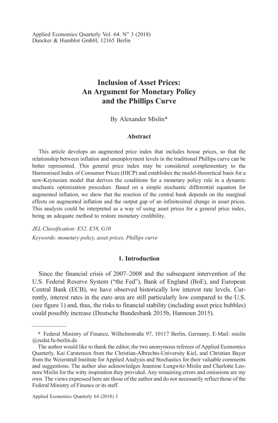 Inclusion of Asset Prices: An Argument for Monetary Policy and the Phillips Curve