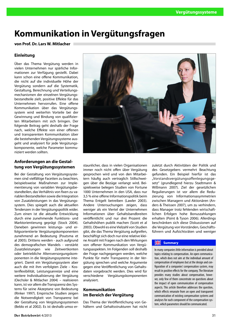 Kommunikation in Vergütungsfragen