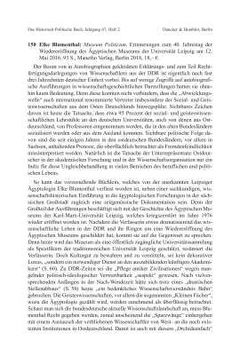 Elke Blumenthal: Museum Politicum. Erinnerungen zum 40. Jahrestag der Wiedereröffnung des Ägyptischen Museums der Universität Leipzig am 12. Mai 2016