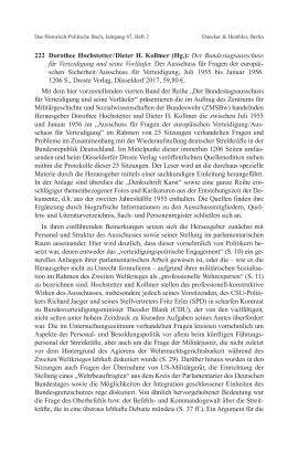 Dorothee Hochstetter / Dieter H. Kollmer (Hg.): Der Bundestagsausschuss für Verteidigung und seine Vorläufer. Der Ausschuss für Fragen der europäischen Sicherheit / Ausschuss für Verteidigung, Juli 1955 bis Januar 1956