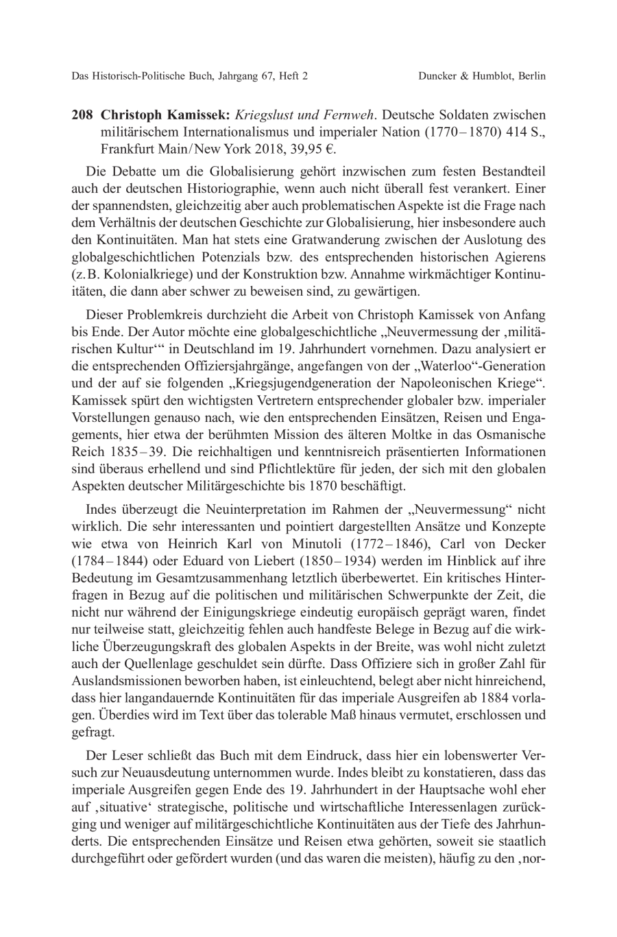 Christoph Kamissek: Kriegslust und Fernweh. Deutsche Soldaten zwischen militärischem Internationalismus und imperialer Nation (1770 – 1870)