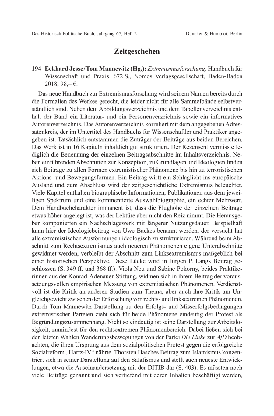 Eckhard Jesse / Tom Mannewitz (Hg.): Extremismusforschung. Handbuch für Wissenschaft und Praxis