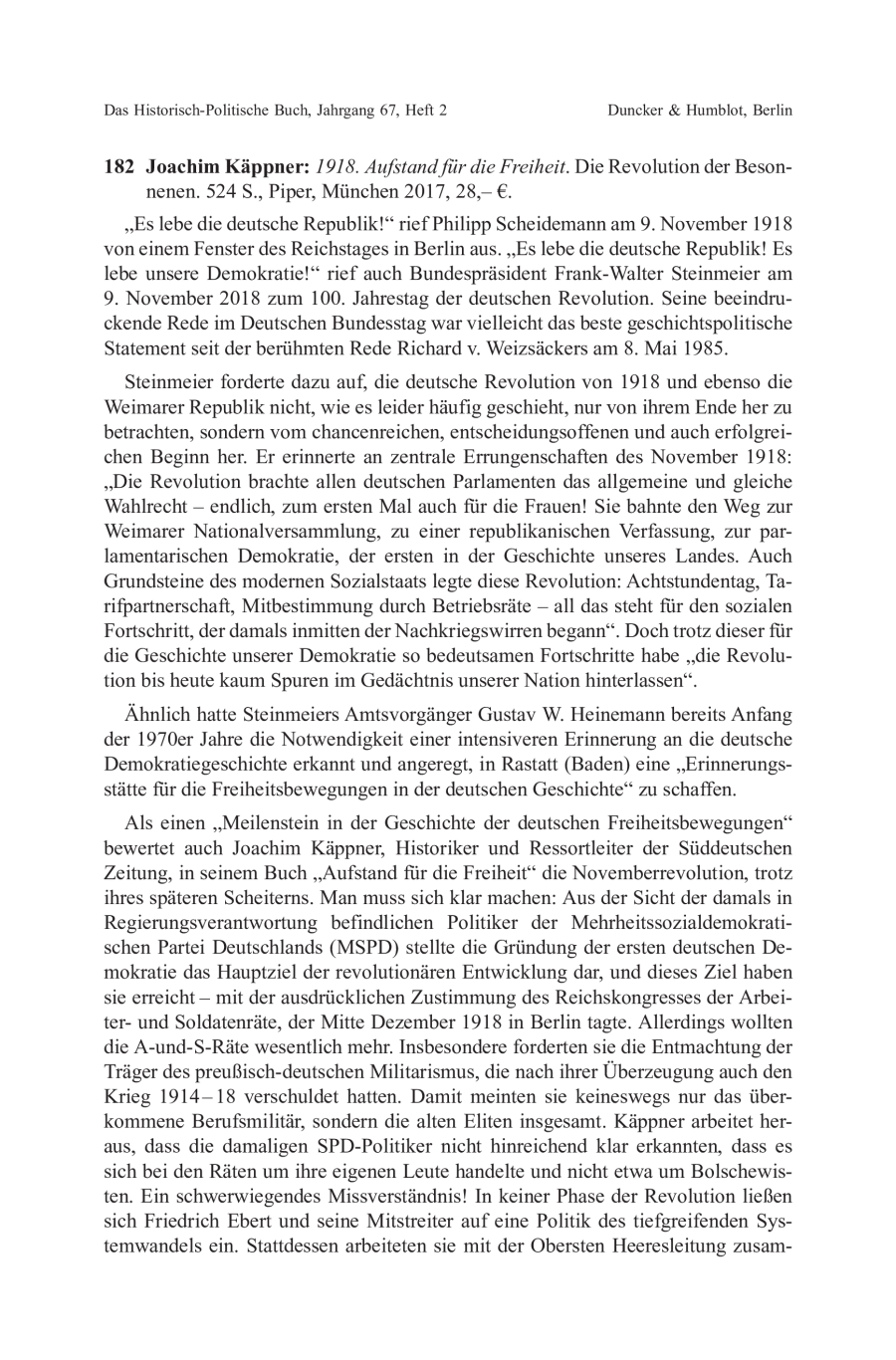 Joachim Käppner: 1918. Aufstand für die Freiheit. Die Revolution der Besonnenen