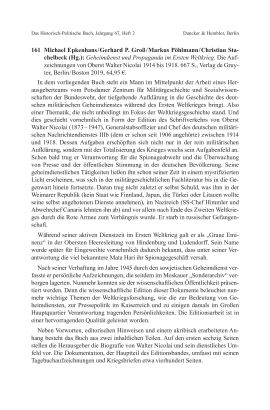 Michael Epkenhans / Gerhard P. Groß / Markus Pöhlmann / Christian Stachelbeck (Hg.): Geheimdienst und Propaganda im Ersten Weltkrieg. Die Aufzeichnungen von Oberst Walter Nicolai 1914 bis 1918