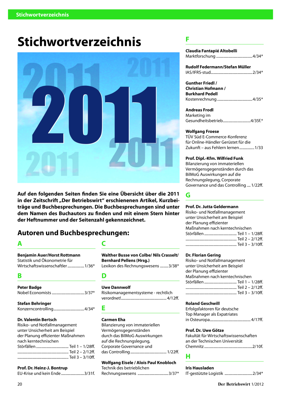 Stichwortverzeichnis "Der Betriebswirt" 2011