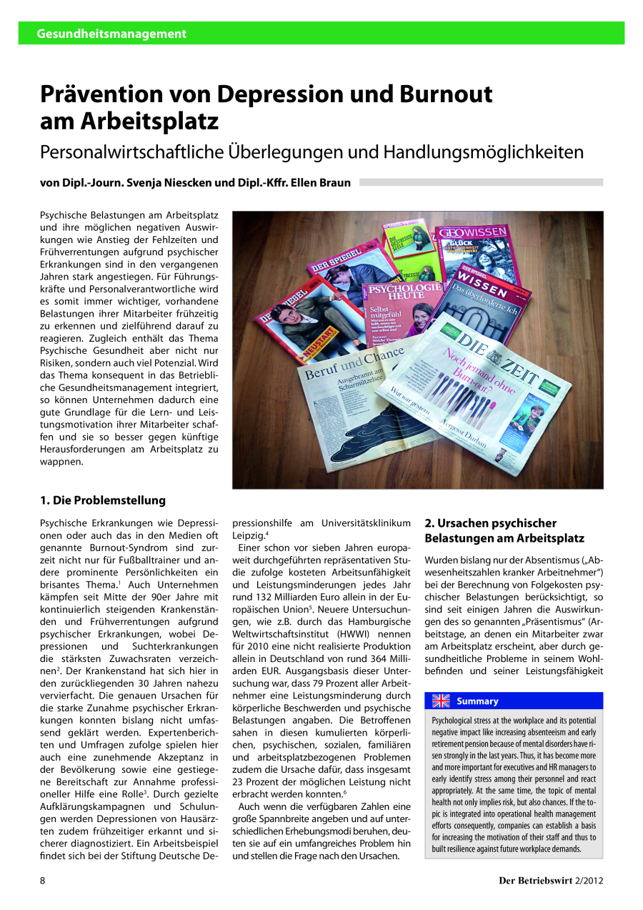 Prävention von Depression und Burnout am Arbeitsplatz
