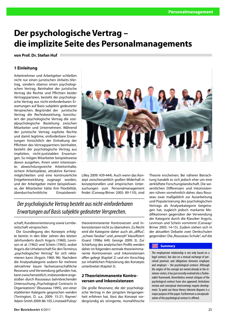 Der psychologische Vertrag – die implizite Seite des Personalmanagements