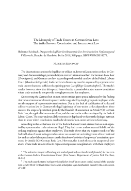 The Monopoly of Trade Unions in German Strike Law: The Strike Between Constitution and International Law