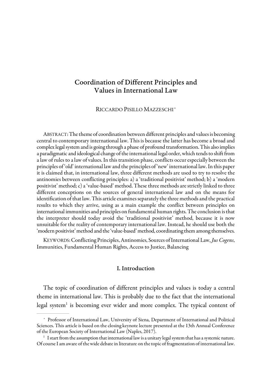 Coordination of Different Principles and Values in International Law