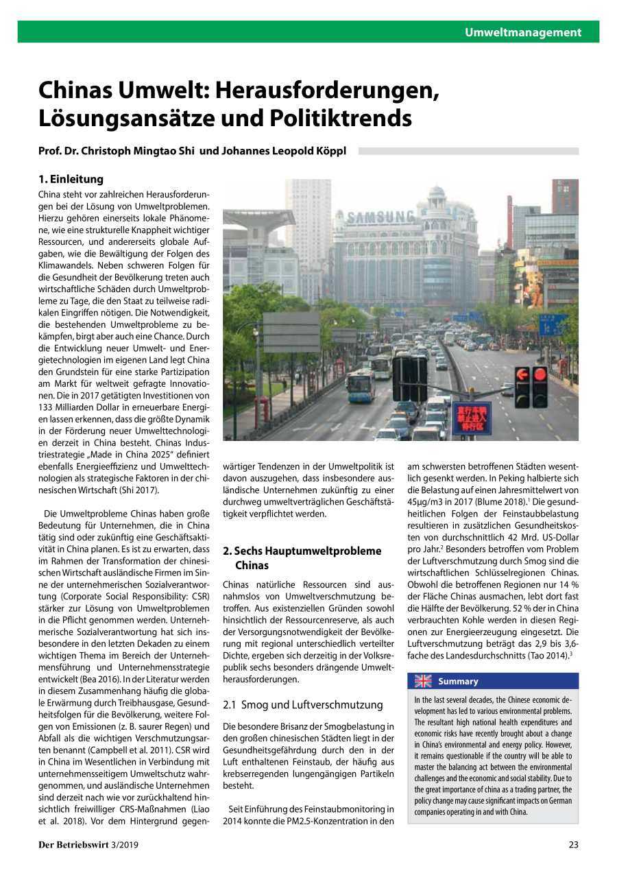 Chinas Umwelt: Herausforderungen, Lösungsansätze und Politiktrends