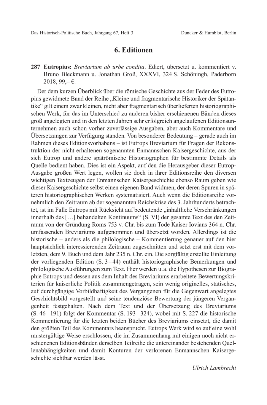 Eutropius: Breviarium ab urbe condita. Ediert, übersetzt u. kommentiert v. Bruno Bleckmann u. Jonathan Groß
