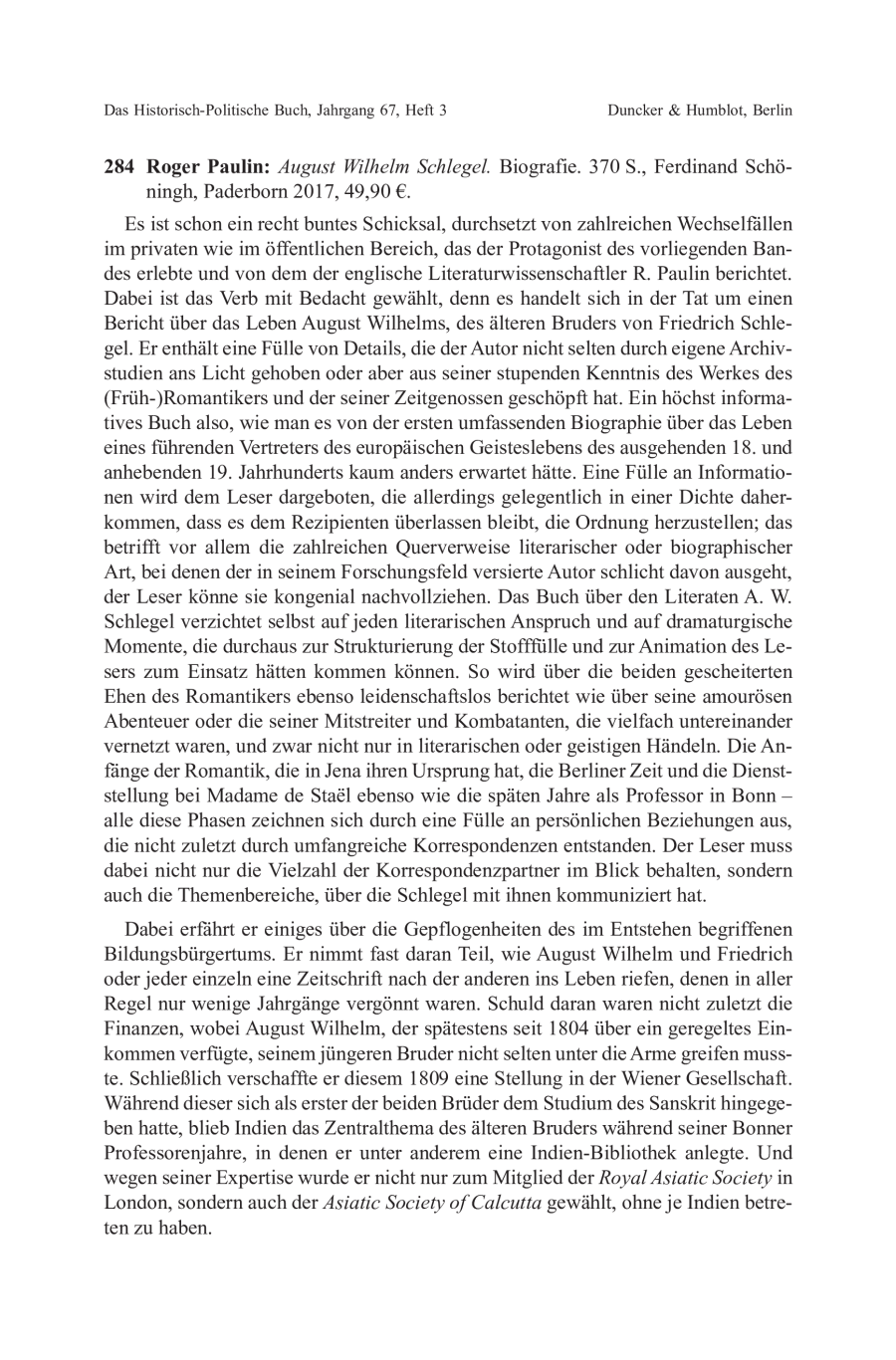 Roger Paulin: August Wilhelm Schlegel. Biografie