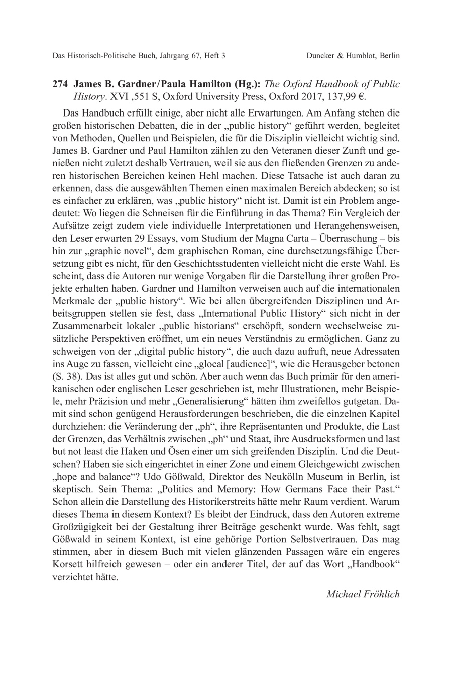 James B. Gardner / Paula Hamilton (Hg.): The Oxford Handbook of Public History