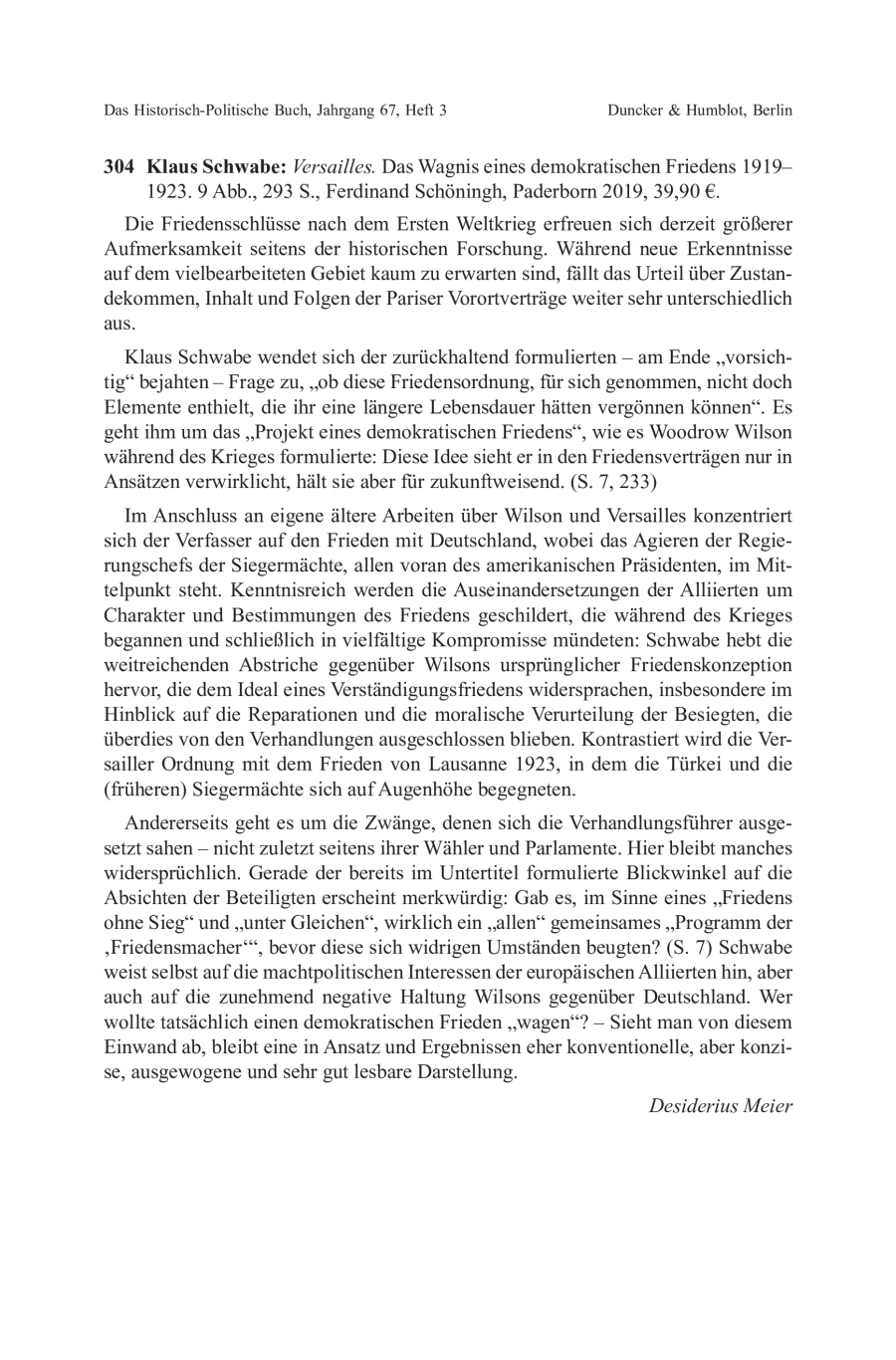 Klaus Schwabe: Versailles. Das Wagnis eines demokratischen Friedens 1919–1923