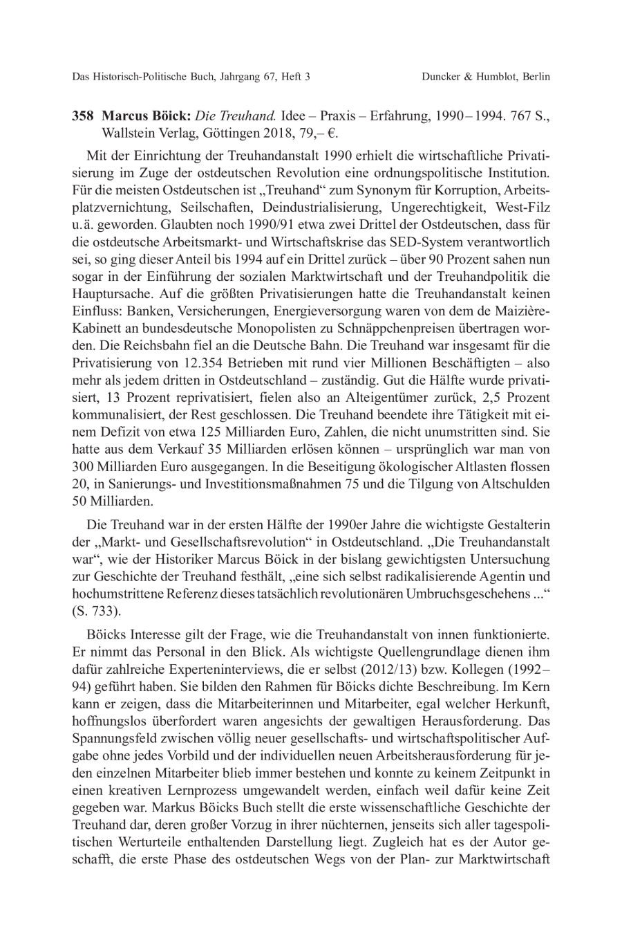 Marcus Böick: Die Treuhand. Idee – Praxis – Erfahrung, 1990–1994