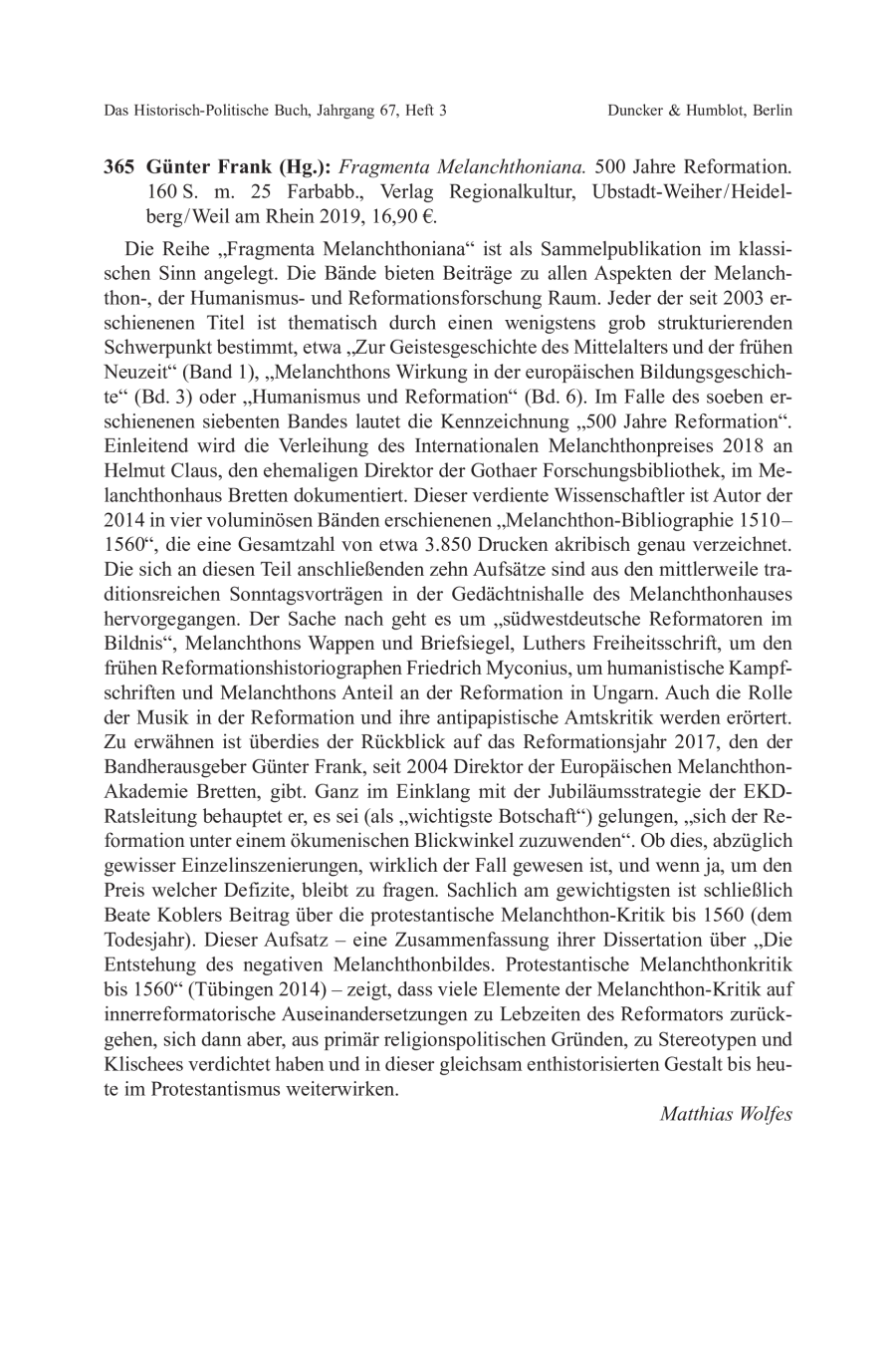 Günter Frank (Hg.): Fragmenta Melanchthoniana. 500 Jahre Reformation